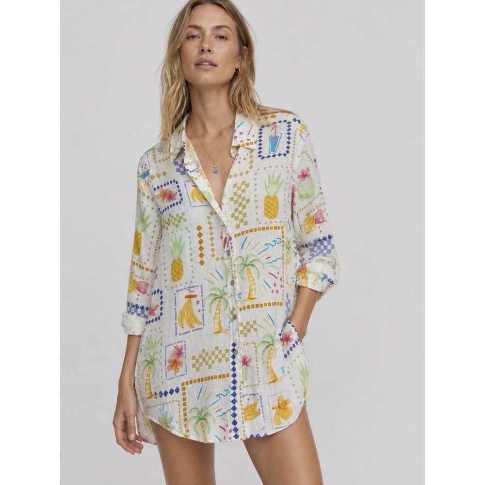 Calypso St Barth Tropical Fruit Beachy Shirt Size L Linen Blend Whimsical Resort